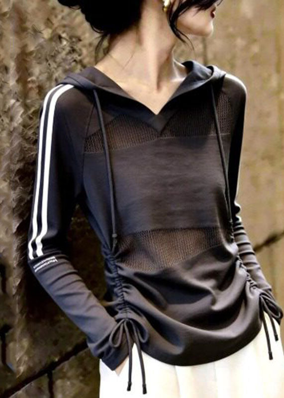 Fine Grey Drawstring Striped Patchwork Hooded Top Fall