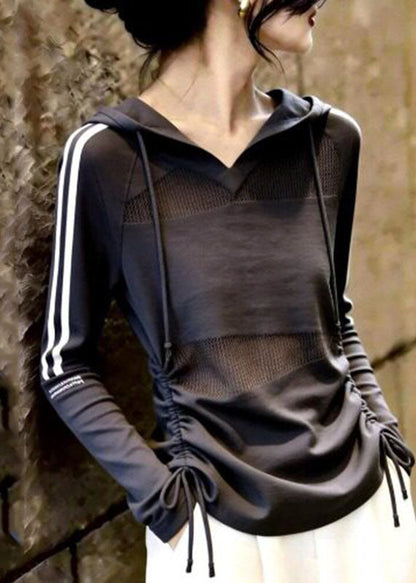Fine Grey Drawstring Striped Patchwork Hooded Top Fall