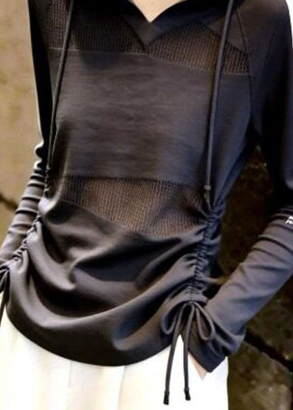 Fine Grey Drawstring Striped Patchwork Hooded Top Fall