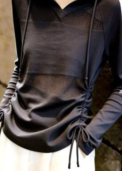 Fine Grey Drawstring Striped Patchwork Hooded Top Fall