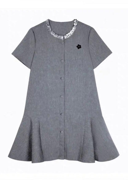 Fine Grey O-Neck Butto Vacation Mid Dress Short Sleeve