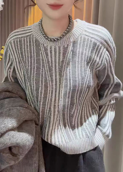 Fine Grey O Neck Striped Knitted Sweater Tops Fall