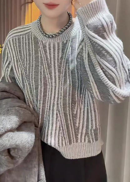 Fine Grey O Neck Striped Knitted Sweater Tops Fall