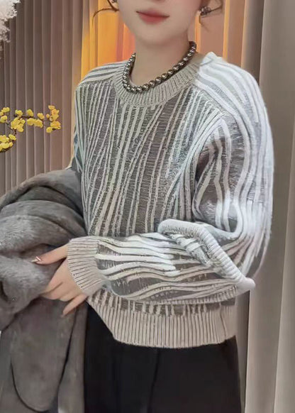 Fine Grey O Neck Striped Knitted Sweater Tops Fall