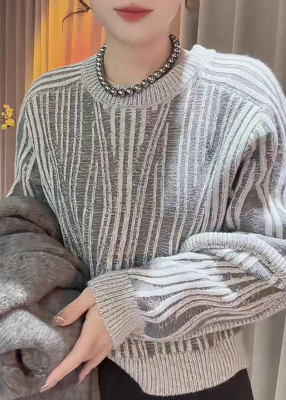 Fine Grey O Neck Striped Knitted Sweater Tops Fall