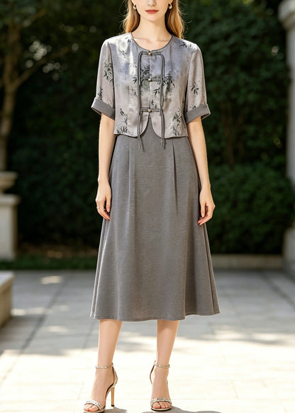 Fine Grey Tasseled Print Silk Oriental Dresses Two Piece Set Summer