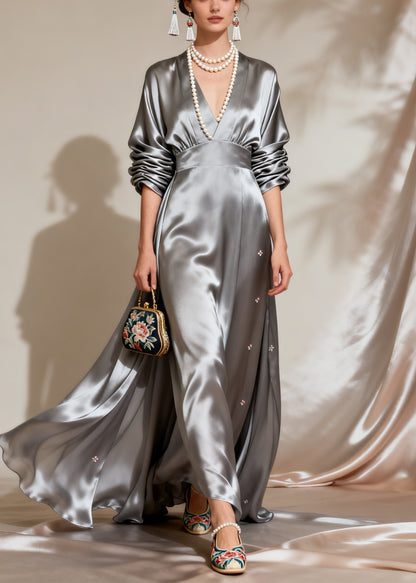Fine Grey Wrinkled Patchwork Floral Holiday Silk Maxi Dress Long Sleeve