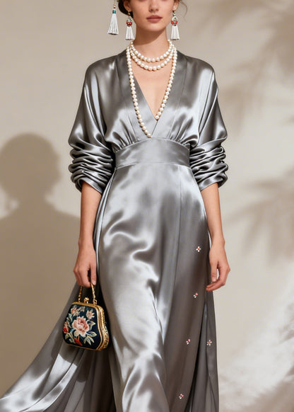Fine Grey Wrinkled Patchwork Floral Holiday Silk Maxi Dress Long Sleeve