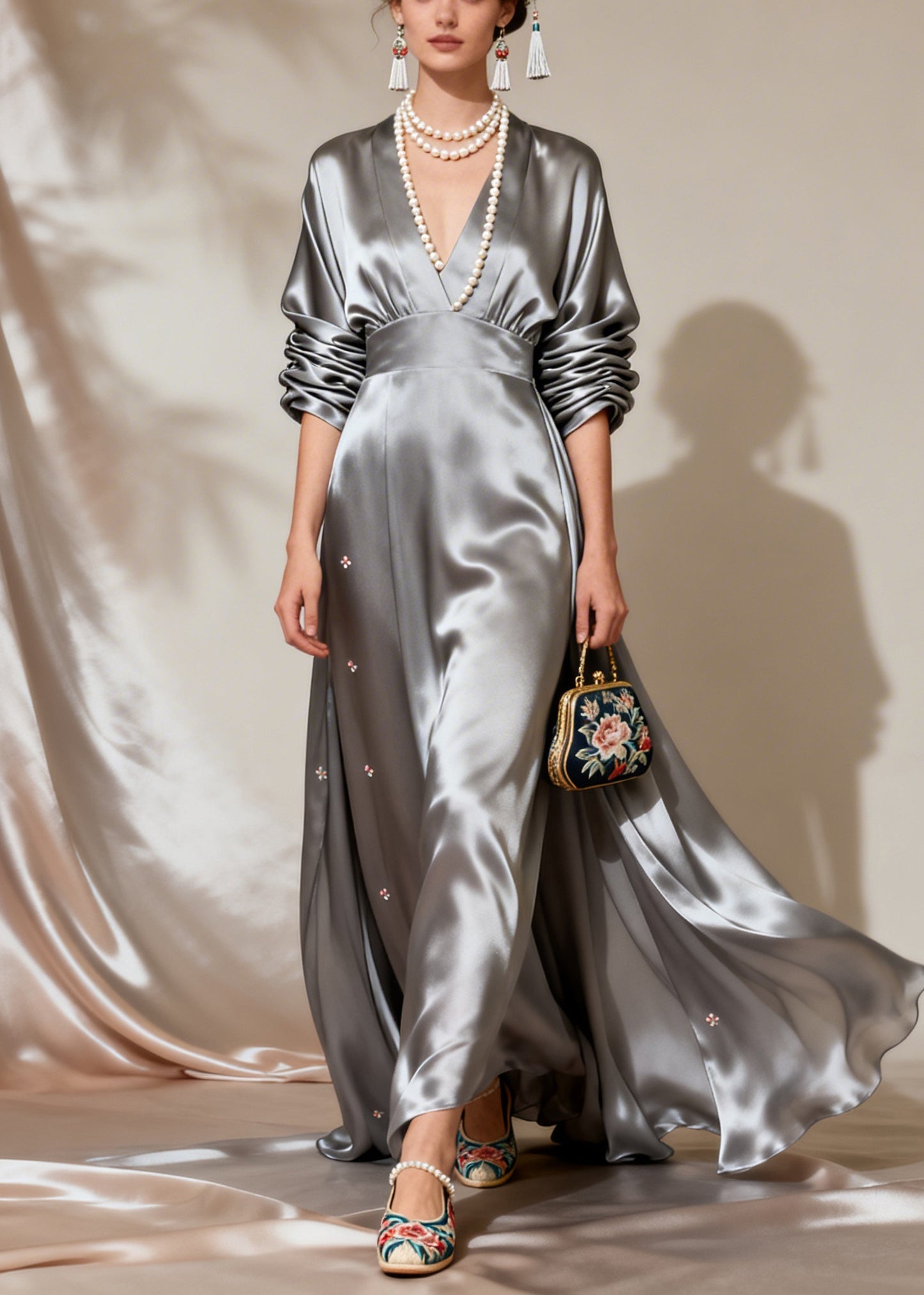 Fine Grey Wrinkled Patchwork Floral Holiday Silk Maxi Dress Long Sleeve