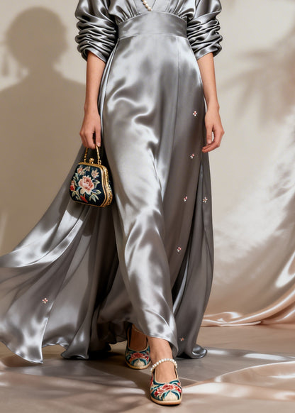 Fine Grey Wrinkled Patchwork Floral Holiday Silk Maxi Dress Long Sleeve