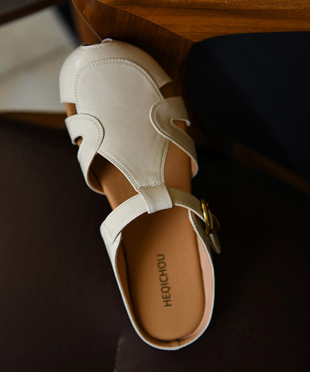 Fine Hollow Out Slide Sandals Beige Cowhide Leather