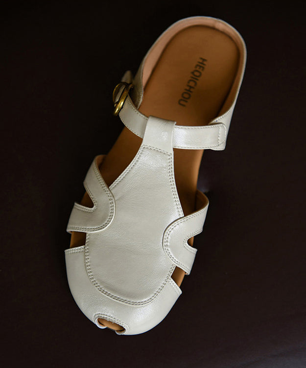 Fine Hollow Out Slide Sandals Beige Cowhide Leather