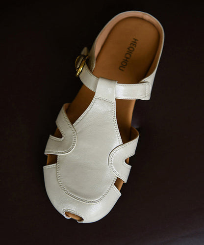 Fine Hollow Out Slide Sandals Beige Cowhide Leather