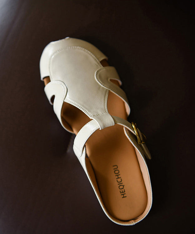 Fine Hollow Out Slide Sandals Beige Cowhide Leather