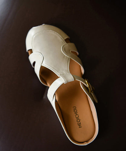 Fine Hollow Out Slide Sandals Beige Cowhide Leather