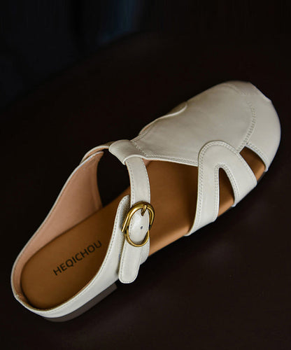 Fine Hollow Out Slide Sandals Beige Cowhide Leather