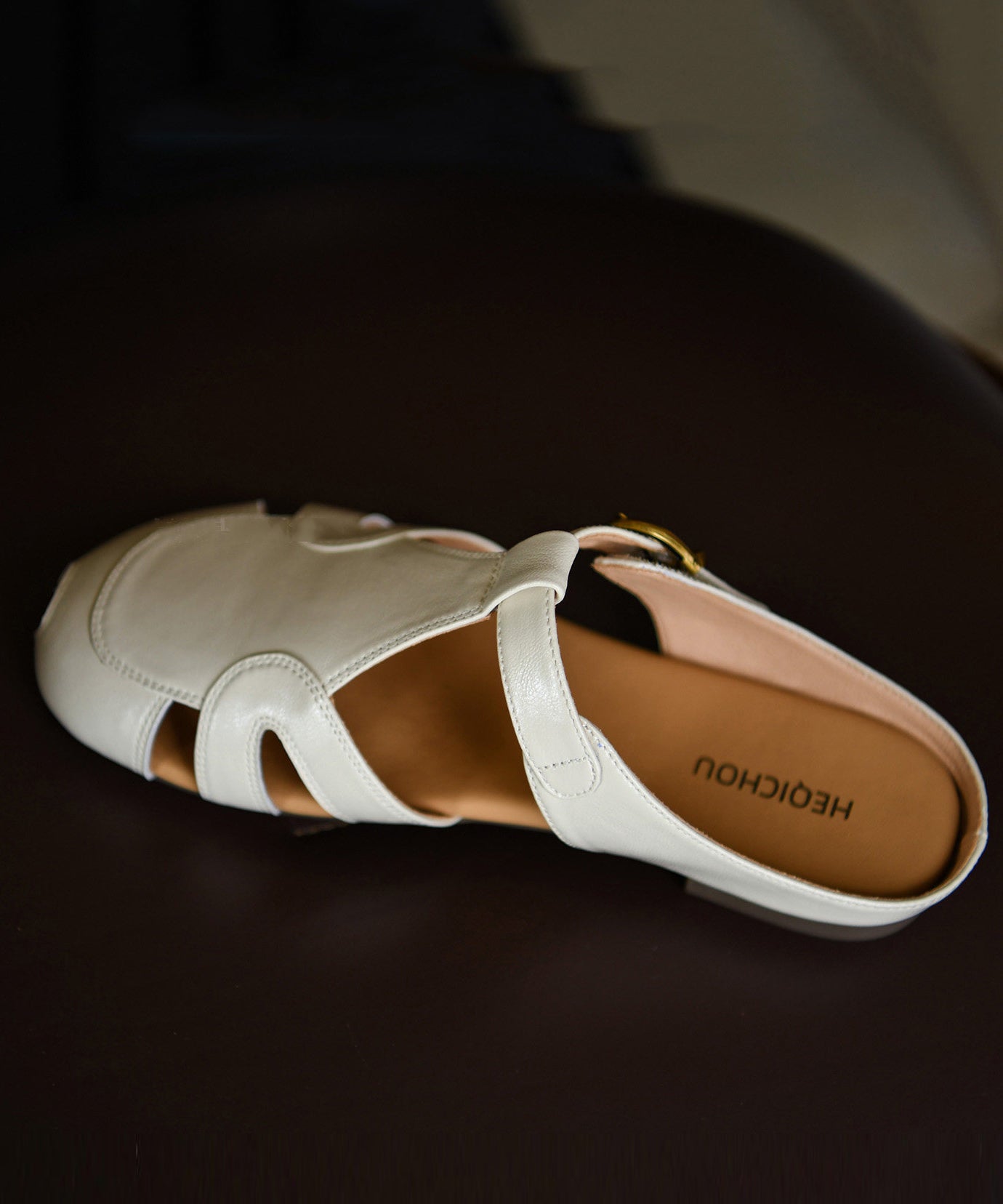 Fine Hollow Out Slide Sandals Beige Cowhide Leather