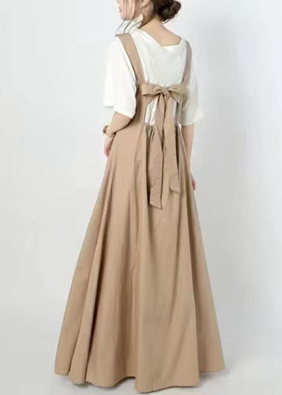 Fine Khaki Back Lace Up Exra Large Hem Cotton Dress Summer
