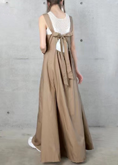 Fine Khaki Back Lace Up Exra Large Hem Cotton Dress Summer