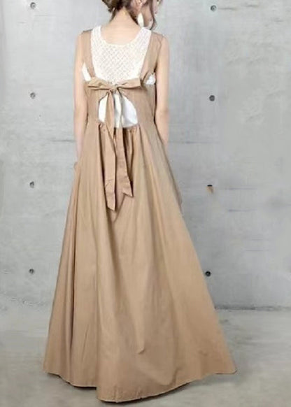 Fine Khaki Back Lace Up Exra Large Hem Cotton Dress Summer