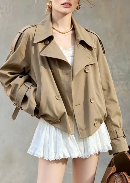 Fine Khaki Peter Pan Collar Pockets Trench Coats Long Sleeve