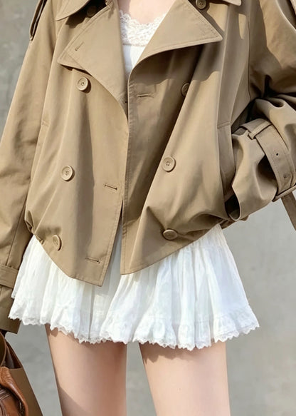 Fine Khaki Peter Pan Collar Pockets Trench Coats Long Sleeve