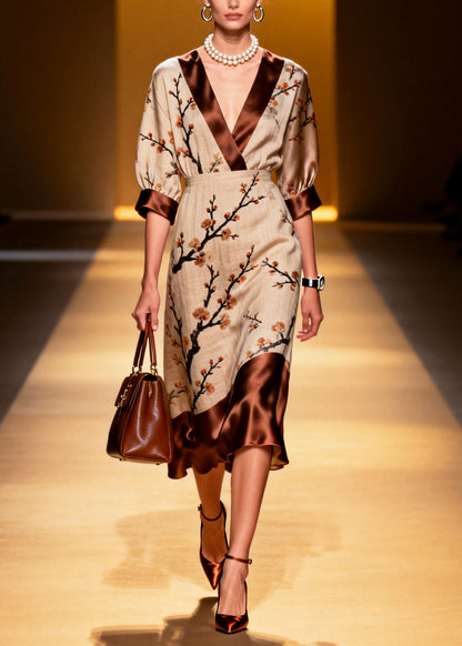 Fine Khaki Print Patchwork Linen Silk Long Dress Summer