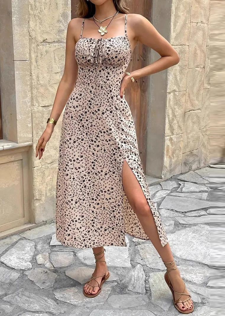 Fine Khaki Print Side Open Spaghetti Strap Chiffon Dress Summer