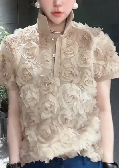 Fine Khaki Stereoscopic Floral Chiffon Tops Summer