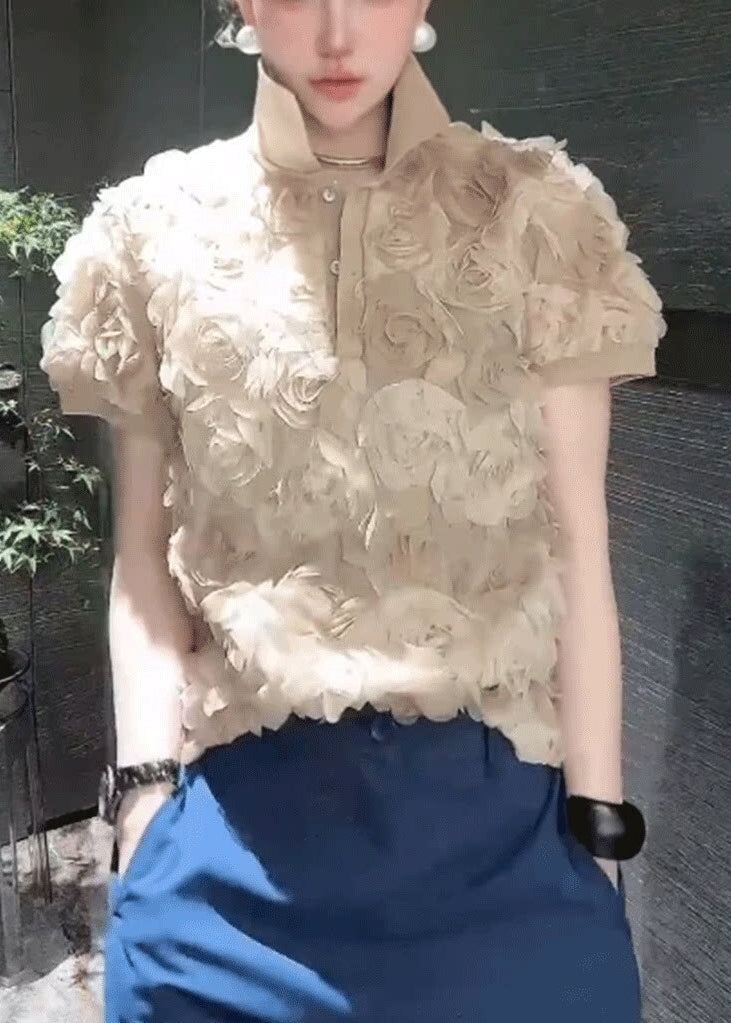 Fine Khaki Stereoscopic Floral Chiffon Tops Summer