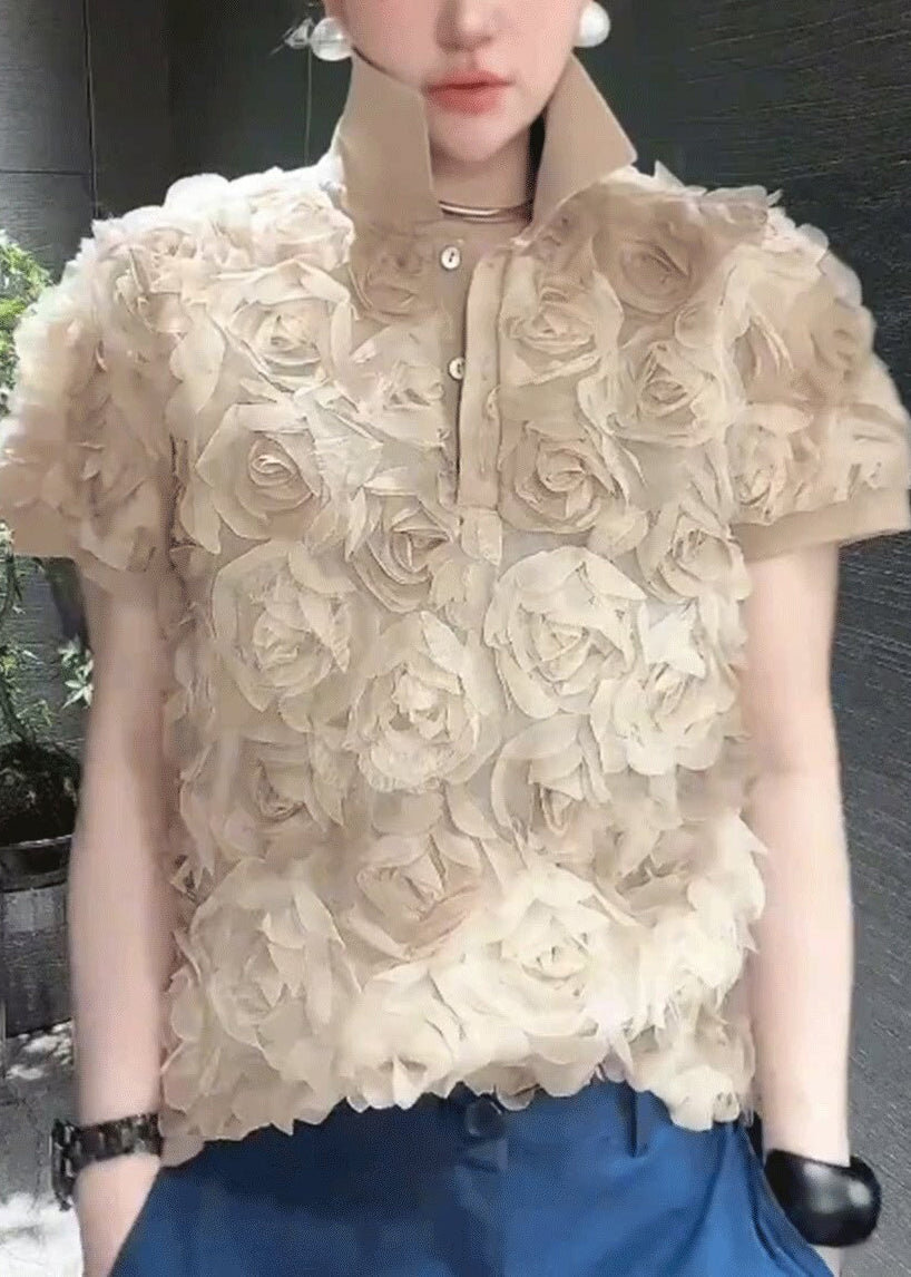 Fine Khaki Stereoscopic Floral Chiffon Tops Summer