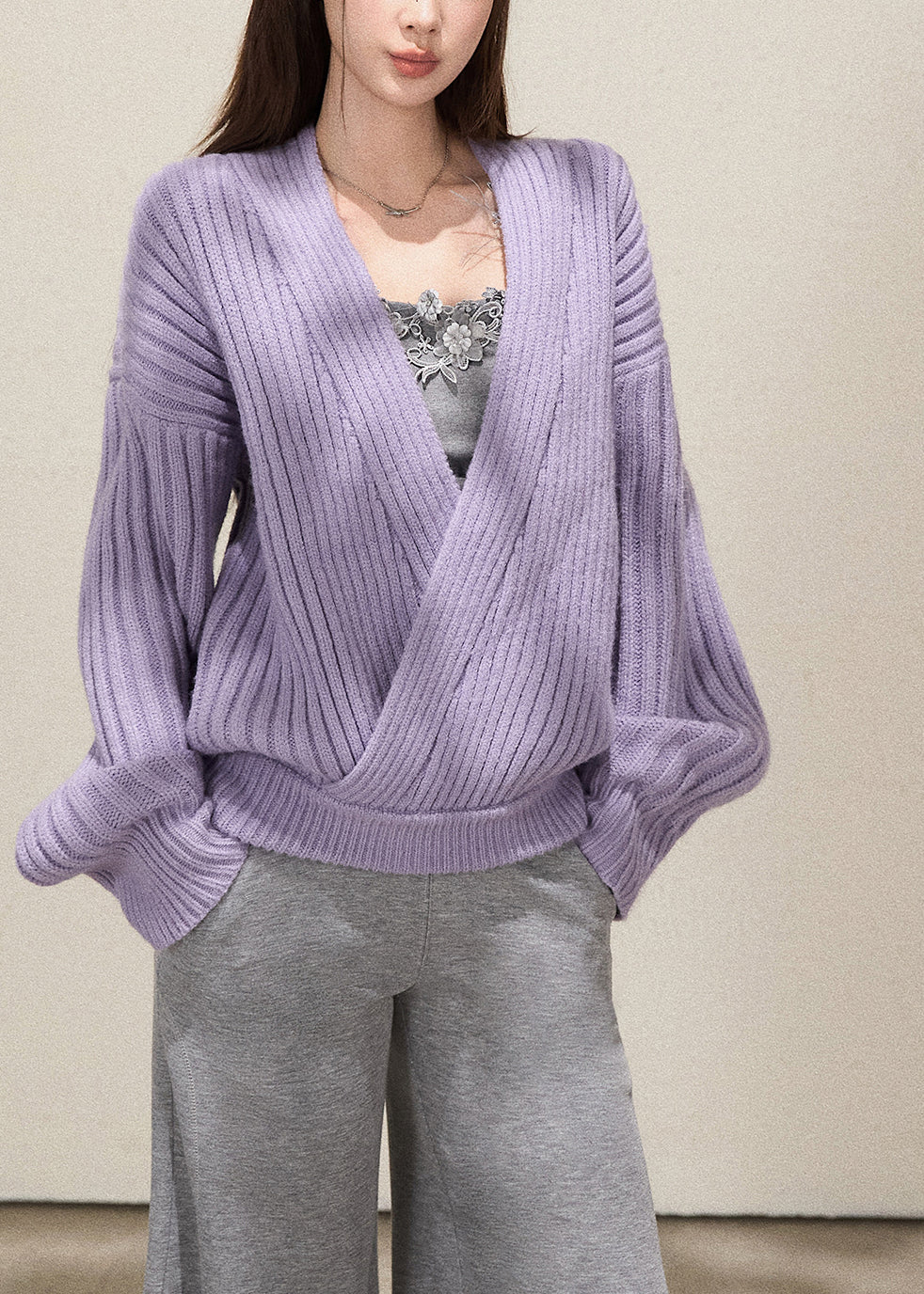 Fine Lavender V Neck Striped Knit Sweater Fall