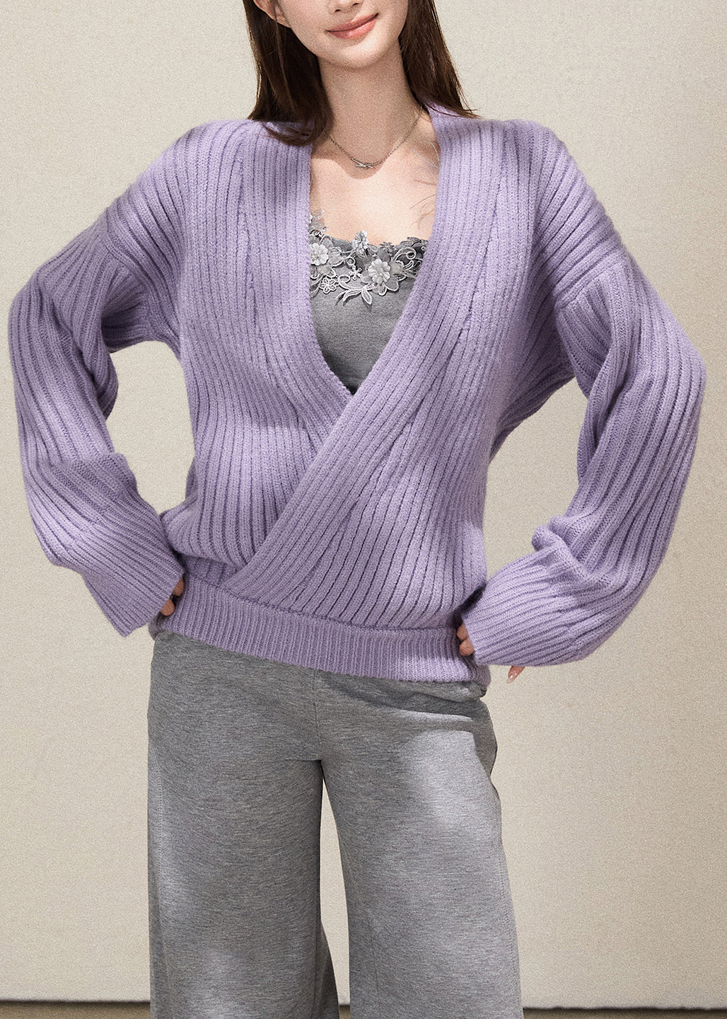 Fine Lavender V Neck Striped Knit Sweater Fall