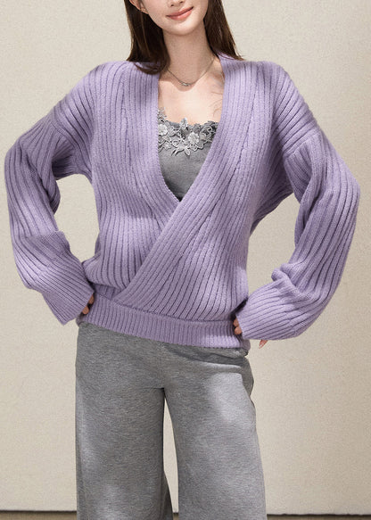 Fine Lavender V Neck Striped Knit Sweater Fall