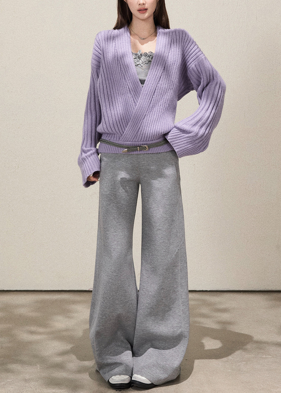 Fine Lavender V Neck Striped Knit Sweater Fall