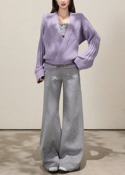 Fine Lavender V Neck Striped Knit Sweater Fall