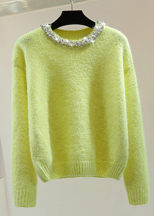 Fine Light Green O-Neck Nail Bead Cotton Knit Sweaters Winter