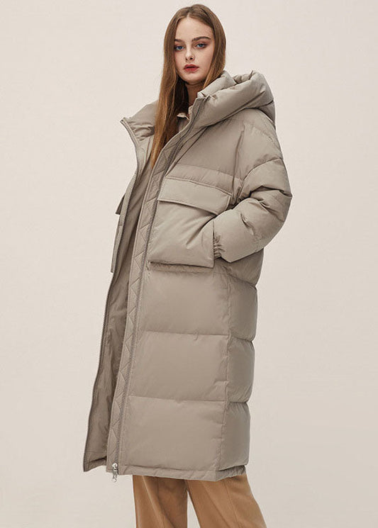 Fine Light Grey Stand Collar Hooded Pockets Duck Down Puffers Jackets Winter