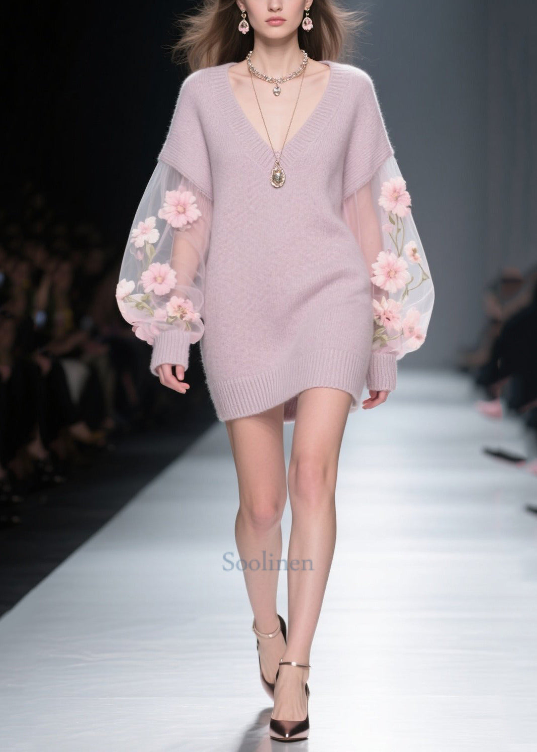 Fine Light Purple V Neck Patchwork Tulle Flower Long Sweaters Fall