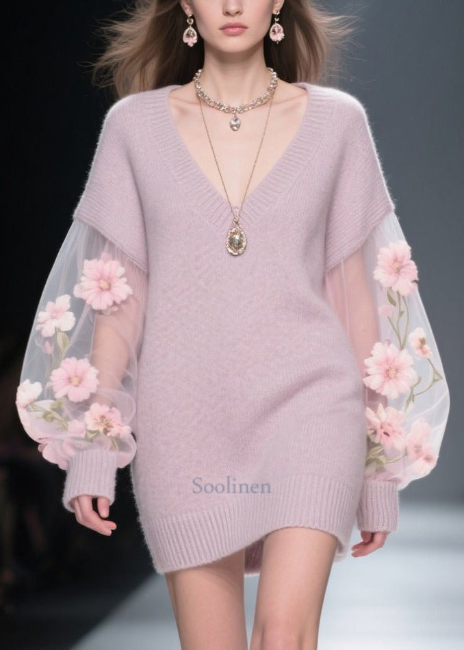 Fine Light Purple V Neck Patchwork Tulle Flower Long Sweaters Fall