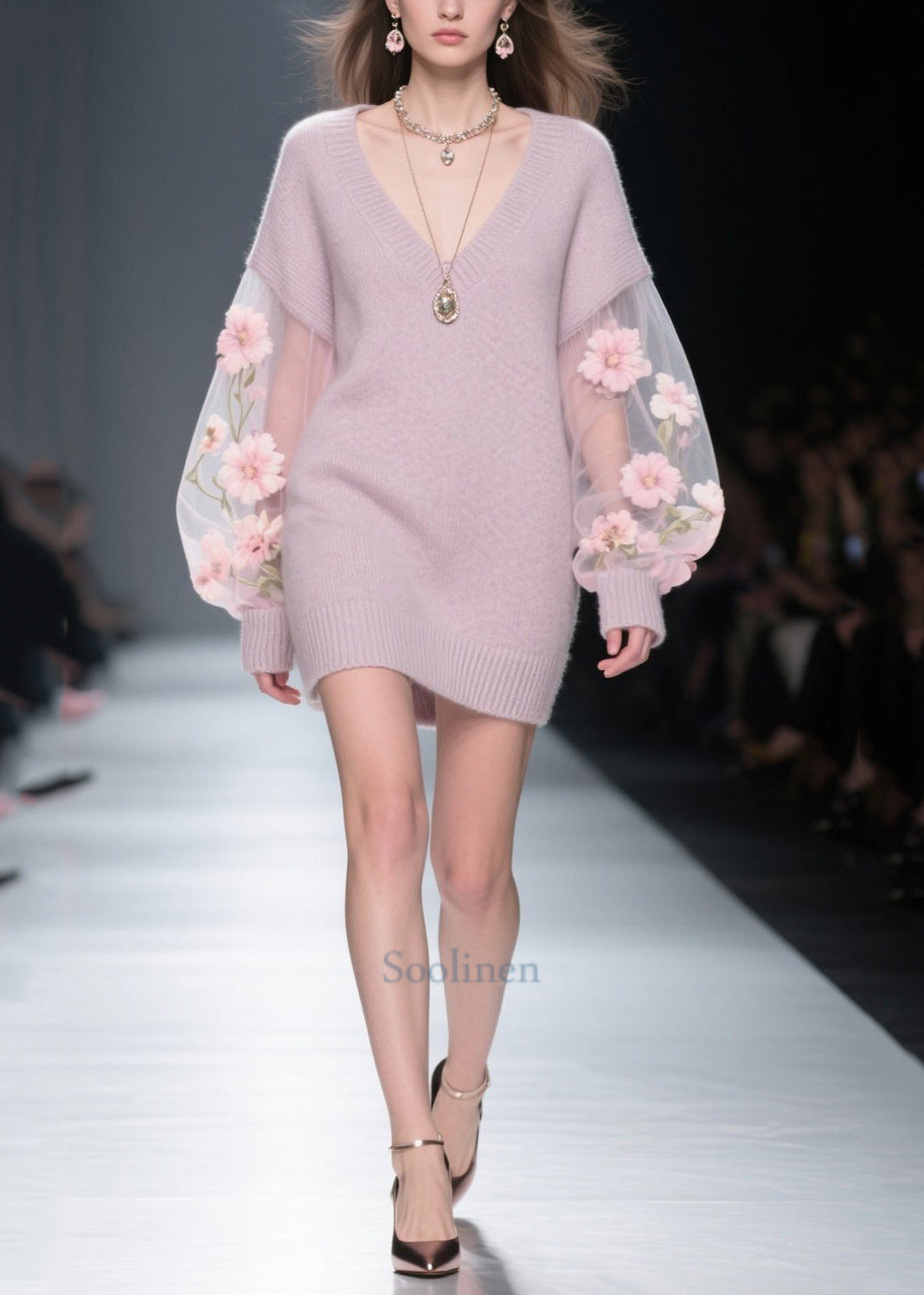 Fine Light Purple V Neck Patchwork Tulle Flower Long Sweaters Fall