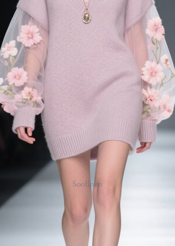 Fine Light Purple V Neck Patchwork Tulle Flower Long Sweaters Fall