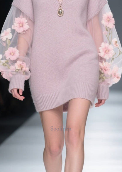 Fine Light Purple V Neck Patchwork Tulle Flower Long Sweaters Fall