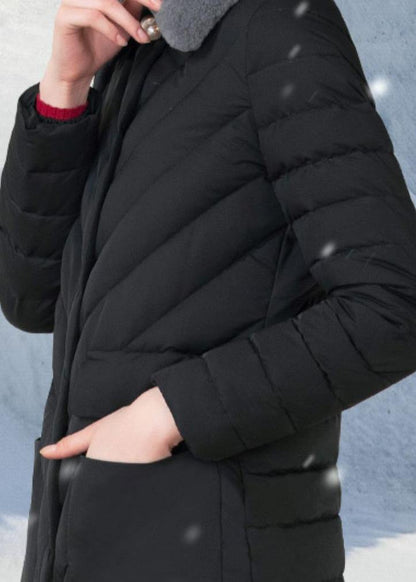 Fine Loose fitting snow jackets rabbit wool collar overcoat black big pockets down jacket woman - SooLinen