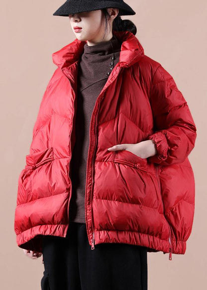 Fine Loose fitting snow jackets zippered Jackets red stand collar goose Down jackets - SooLinen