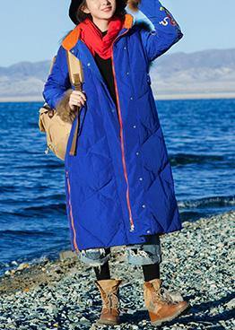 Fine Loose fitting winter jacket hooded Jackets blue side open zippered warm winter coat - SooLinen