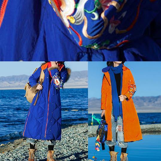 Fine Loose fitting winter jacket hooded Jackets blue side open zippered warm winter coat - SooLinen