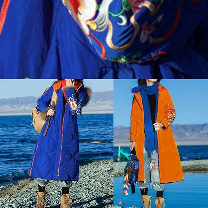 Fine Loose fitting winter jacket hooded Jackets blue side open zippered warm winter coat - SooLinen