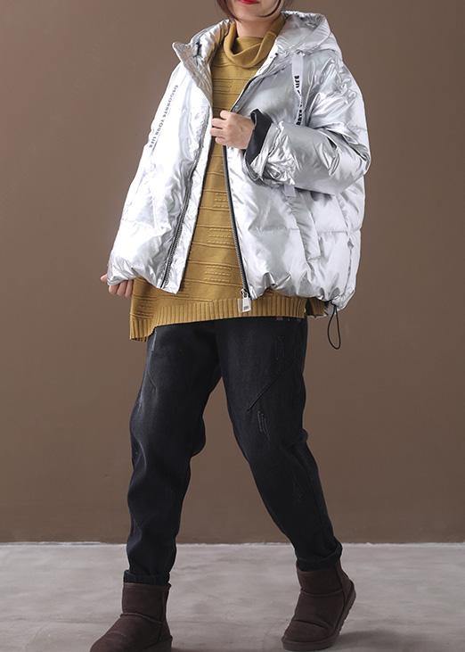Fine Loose fitting womens overcoat silver white hooded zippered duck down coat - SooLinen