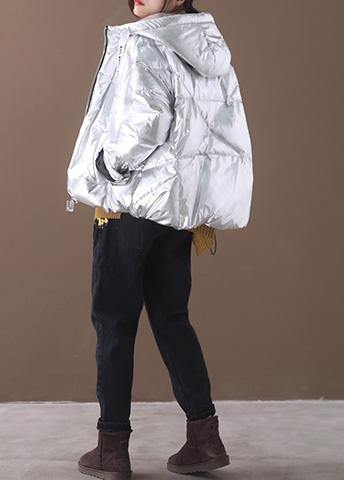 Fine Loose fitting womens overcoat silver white hooded zippered duck down coat - SooLinen